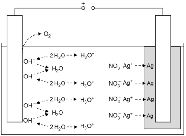Schematische Darstellung einer Elektrolysezelle mit Elektroden, Ionenbewegung (OH-, H3O+, NO3-, Ag+) und Sauerstoffentwicklung.